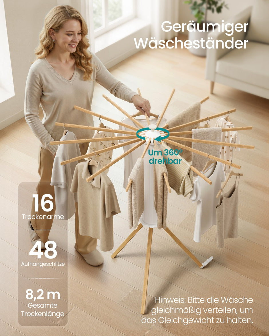 Wasdroogrek - 112 x 112 x 122 cm - Opvouwbaar, draaibaar, uitschuifbaar - Natuurlijke kleur - Maximale draagcapaciteit: 24 kg