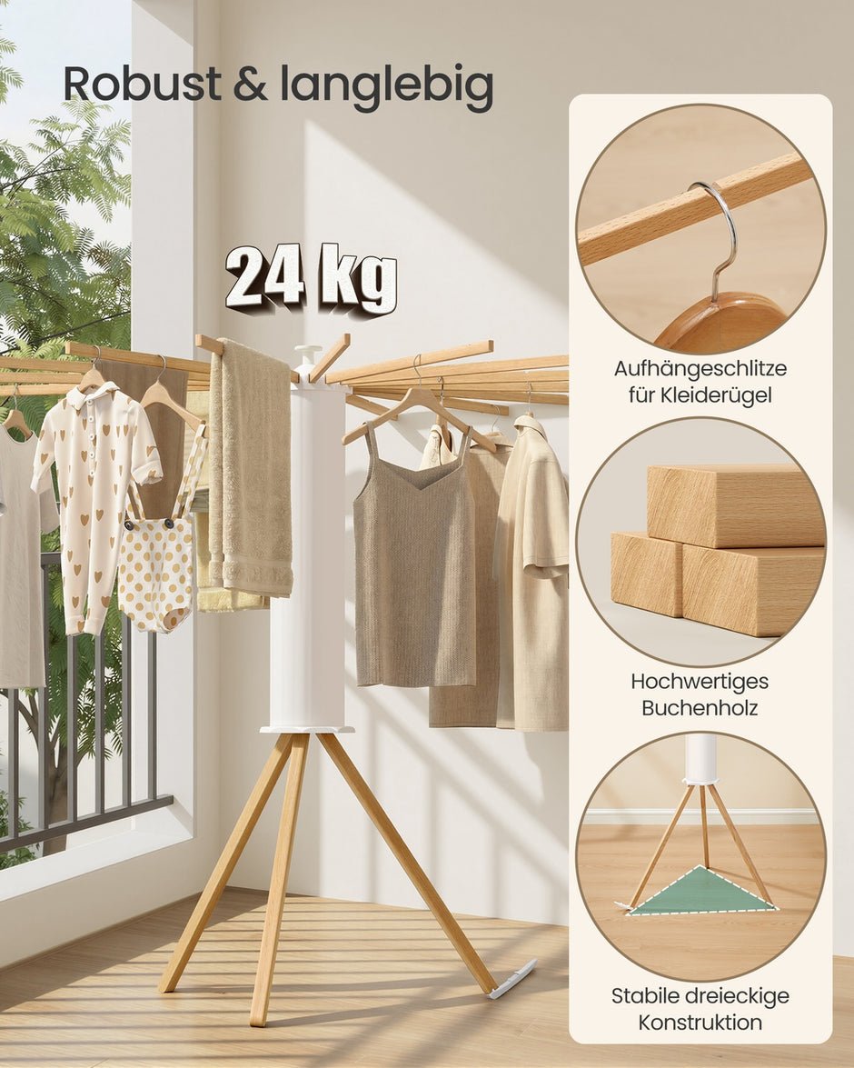 Wasdroogrek - 112 x 112 x 122 cm - Opvouwbaar, draaibaar, uitschuifbaar - Natuurlijke kleur - Maximale draagcapaciteit: 24 kg