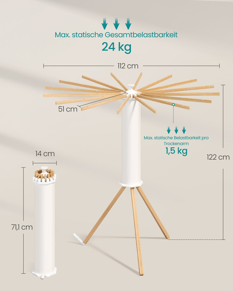 Wasdroogrek - 112 x 112 x 122 cm - Opvouwbaar, draaibaar, uitschuifbaar - Natuurlijke kleur - Maximale draagcapaciteit: 24 kg