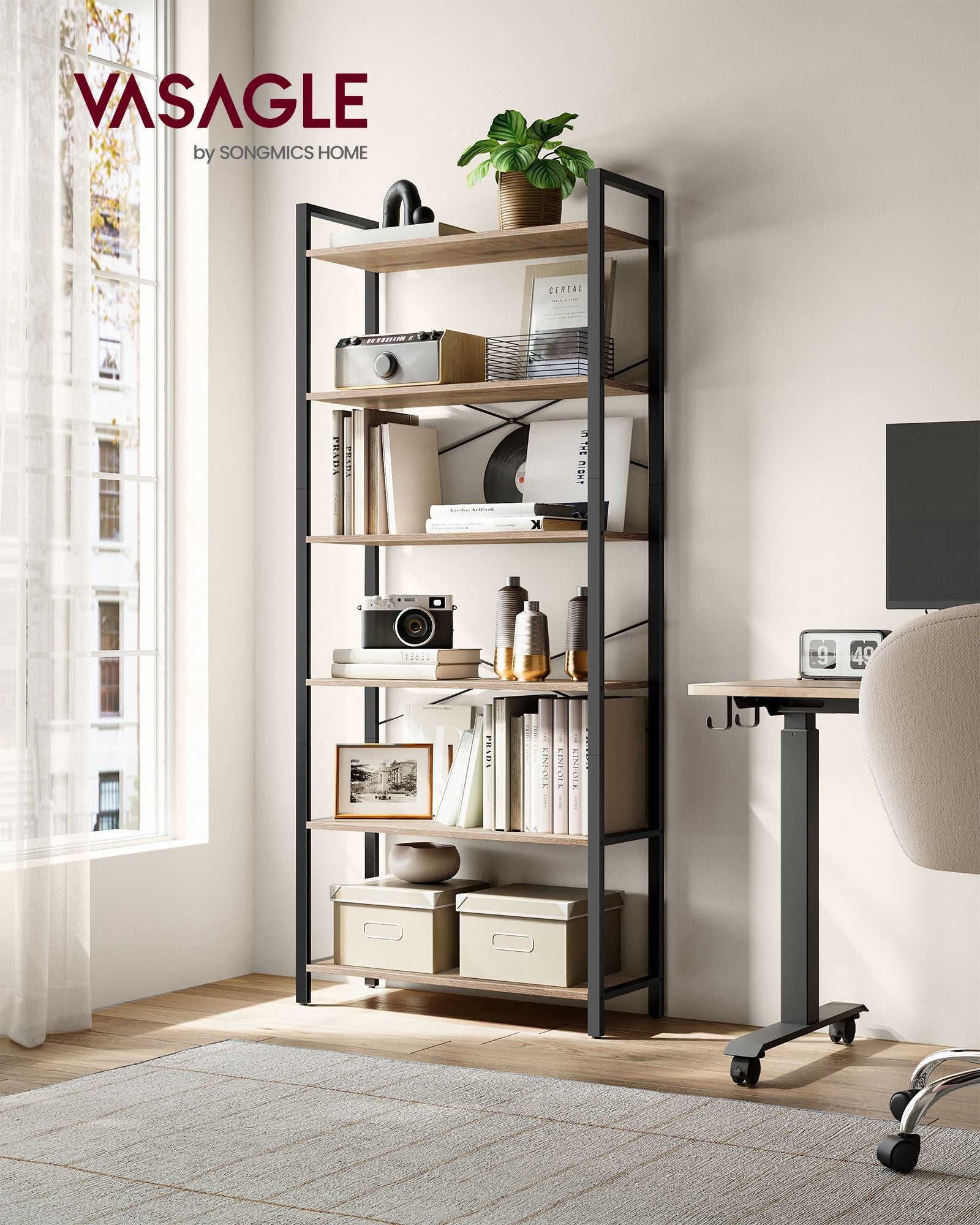 Bokhylla-6 nivå-industriell design-kamelbruin bläck svart
