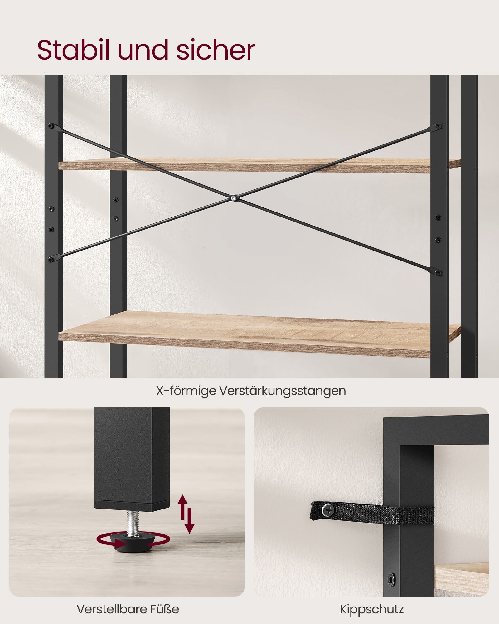Bokhylla-6 nivå-industriell design-kamelbruin bläck svart