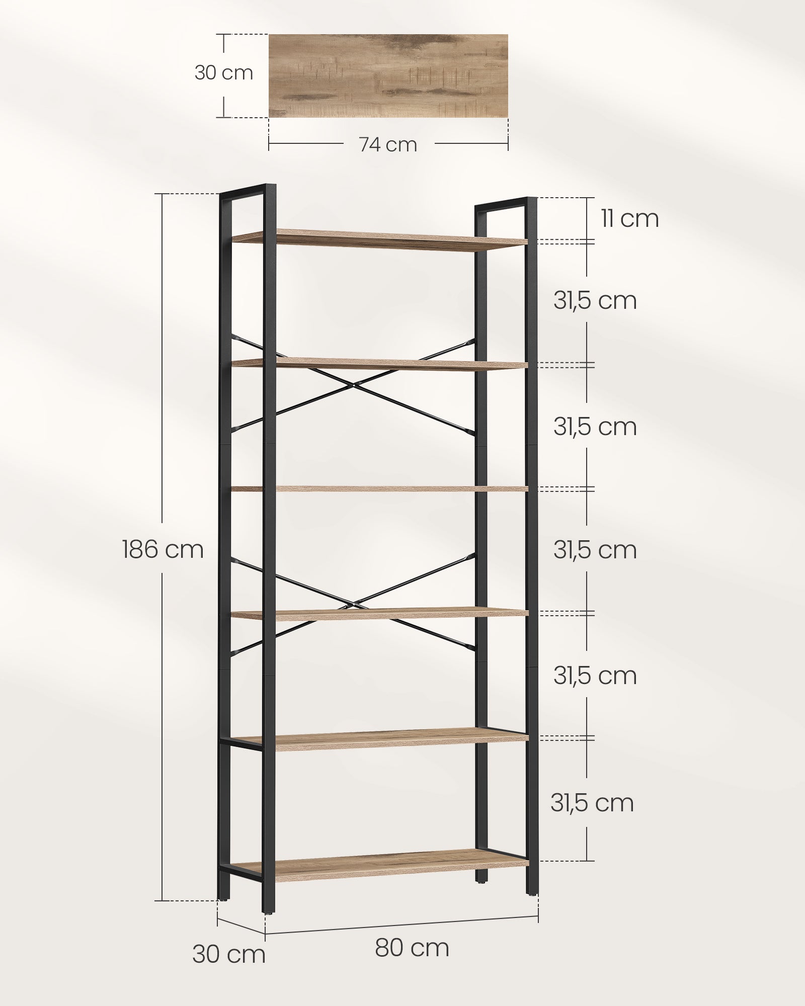 Bokhylla-6 nivå-industriell design-kamelbruin bläck svart