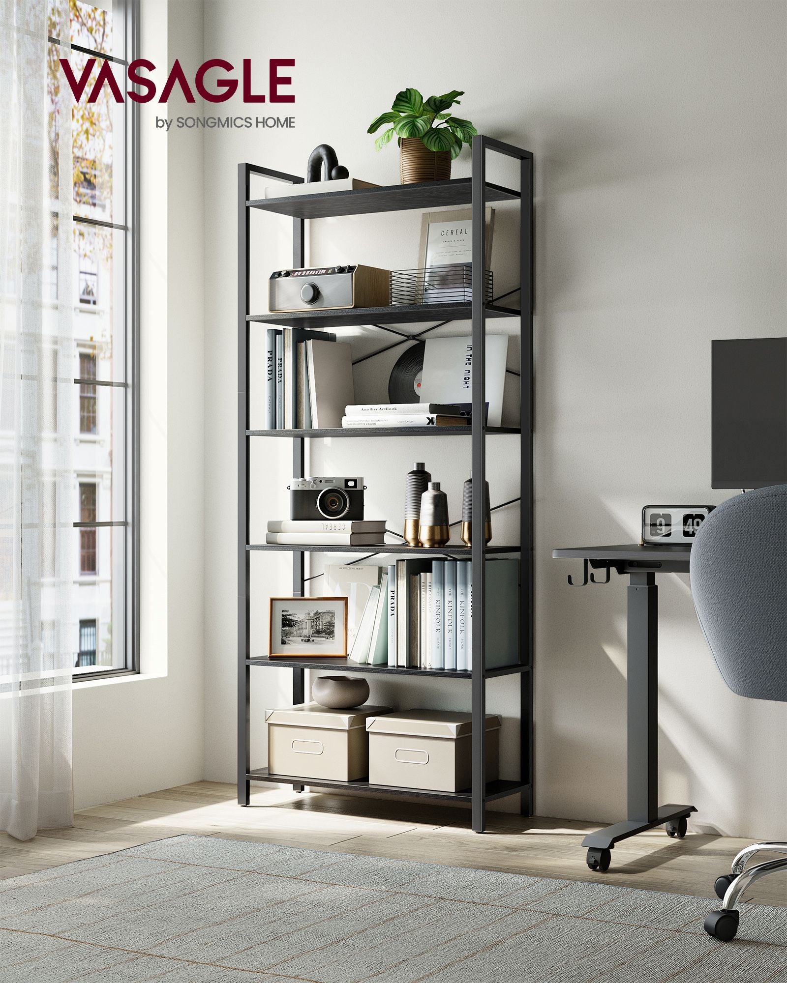 Bokhylla-6 nivå-industriell design-eboni svart-bläck svart