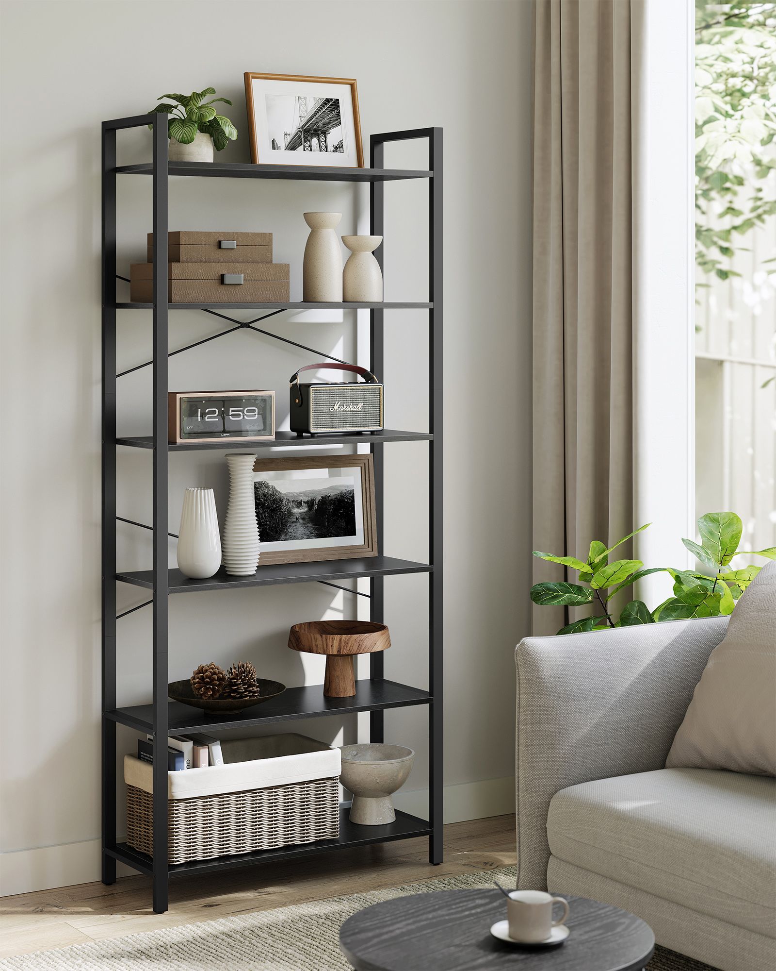 Bokhylla-6 nivå-industriell design-eboni svart-bläck svart