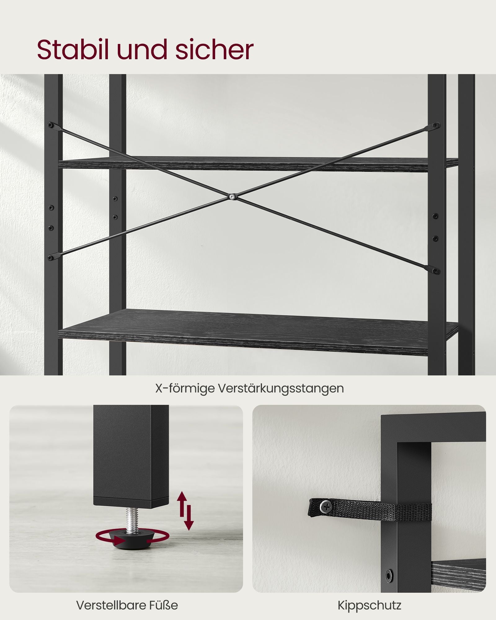 Bokhylla-6 nivå-industriell design-eboni svart-bläck svart