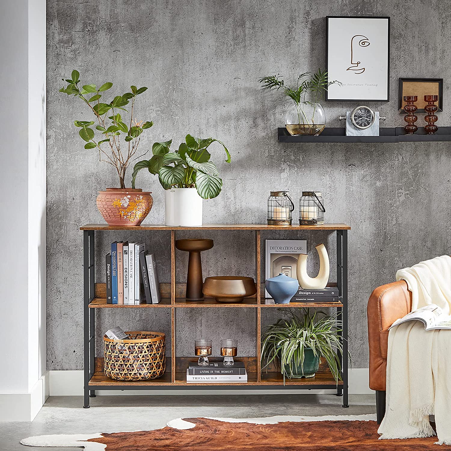 Bokhylla - Stående skåp med 6 fack - Industriell design - Brun/svart