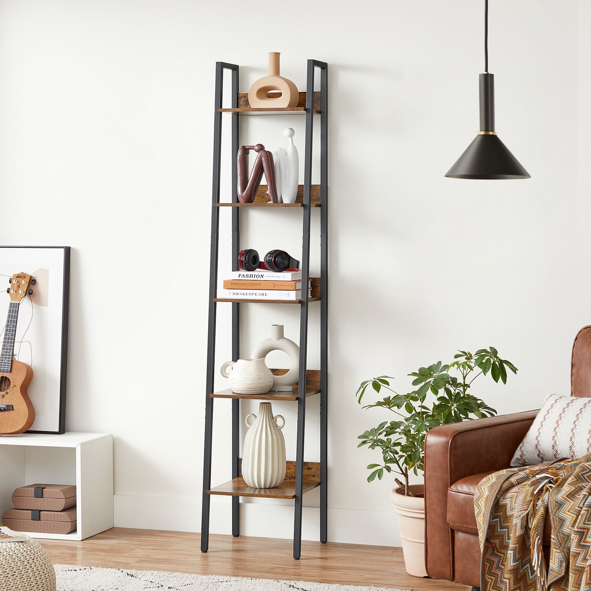 Bokhylla - Ladderboard - med 5 hyllor - metallram - brun / svart