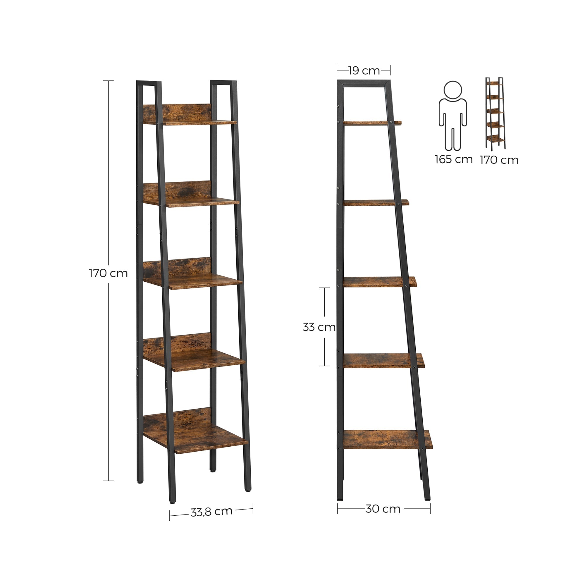 Bokhylla - Ladderboard - med 5 hyllor - metallram - brun / svart