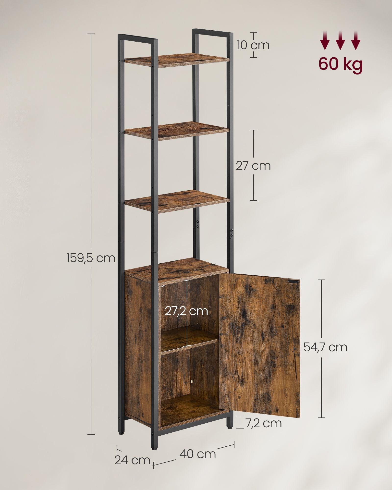 Bokhylla 24 x 40 x 159,5 cm vintage brun-bläck svart