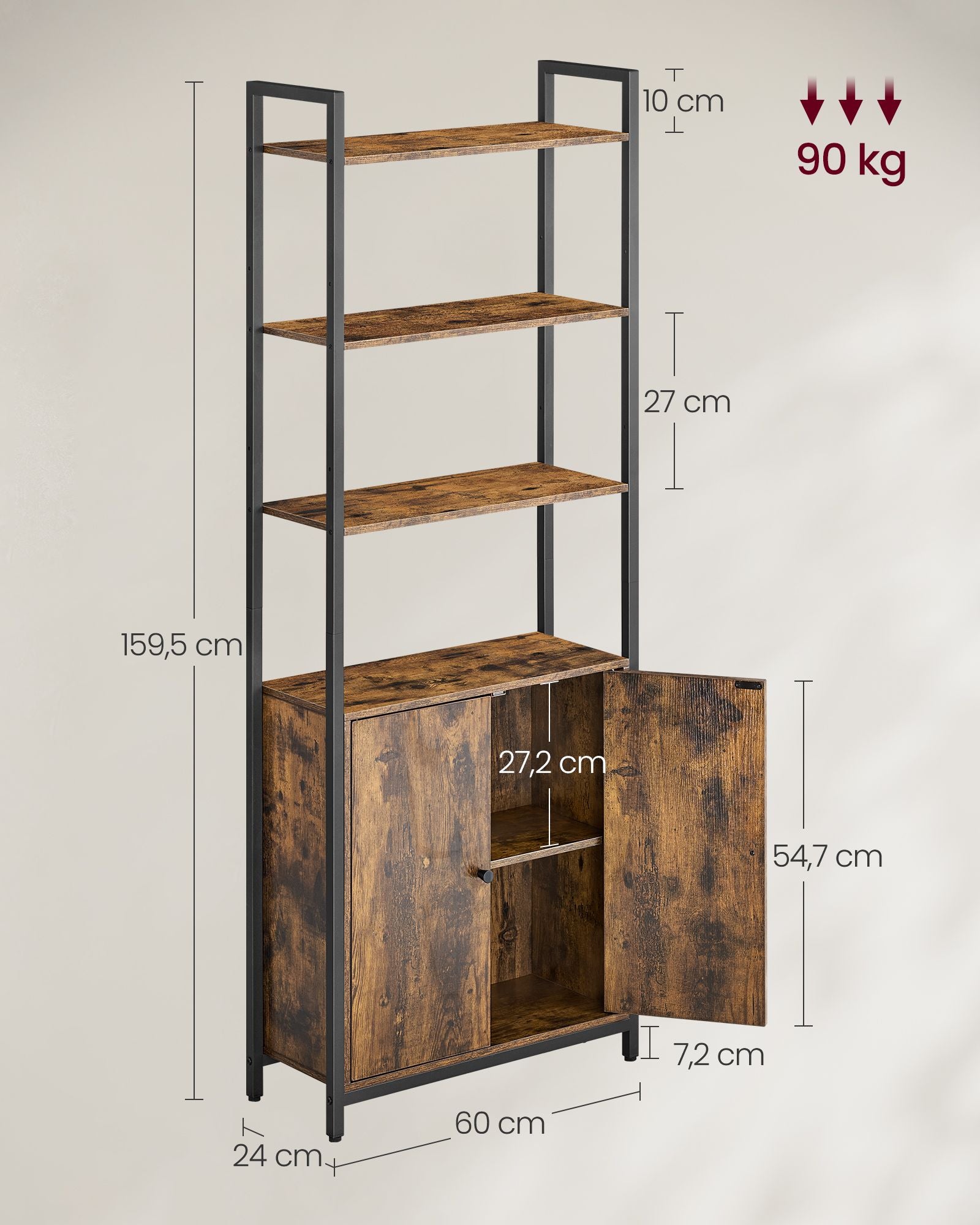 Bokhylla 24 x 60 x 159,5 cm vintage brun-bläck svart