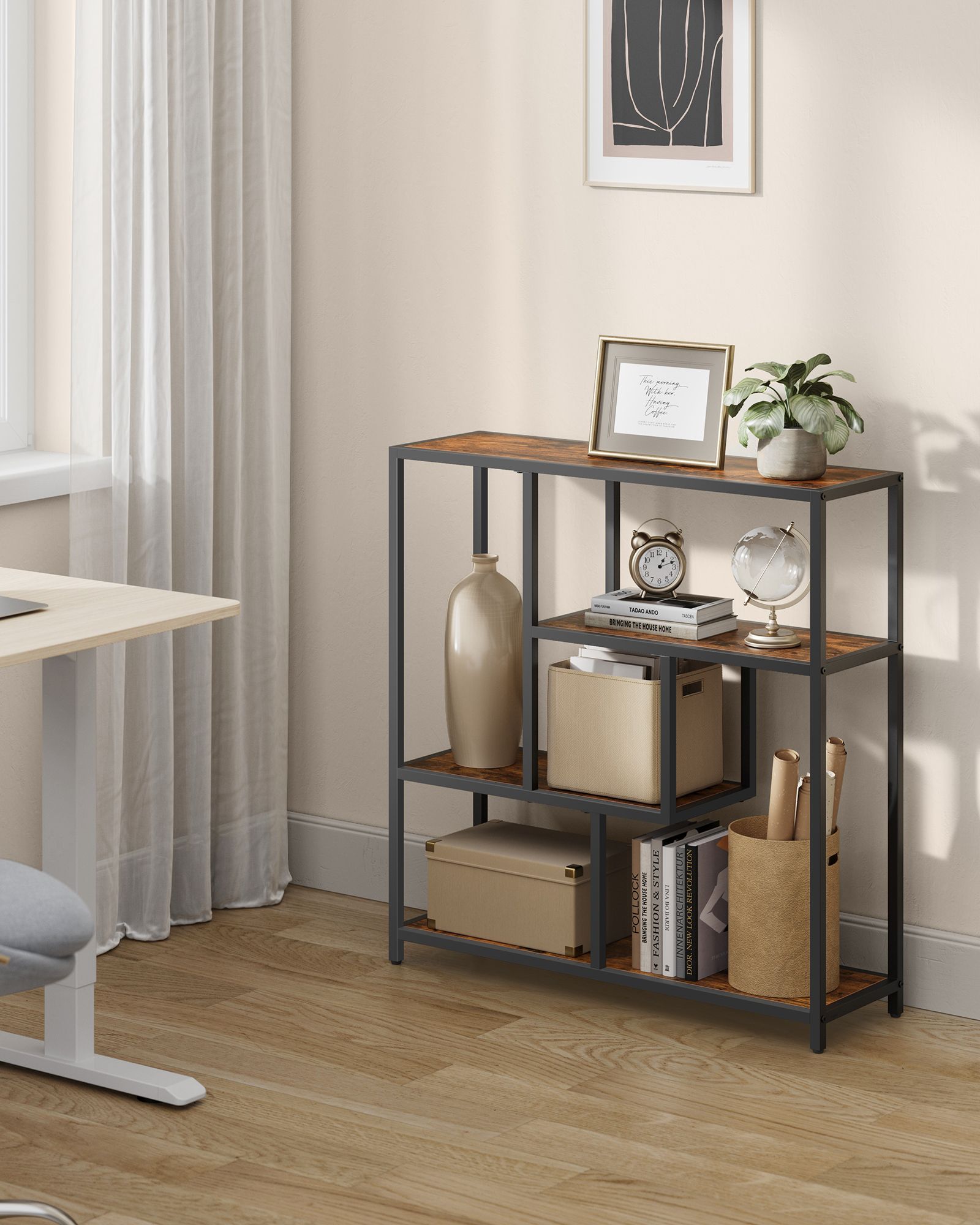 Bokhylla med 4 hyllor vintage brun-bläck svart