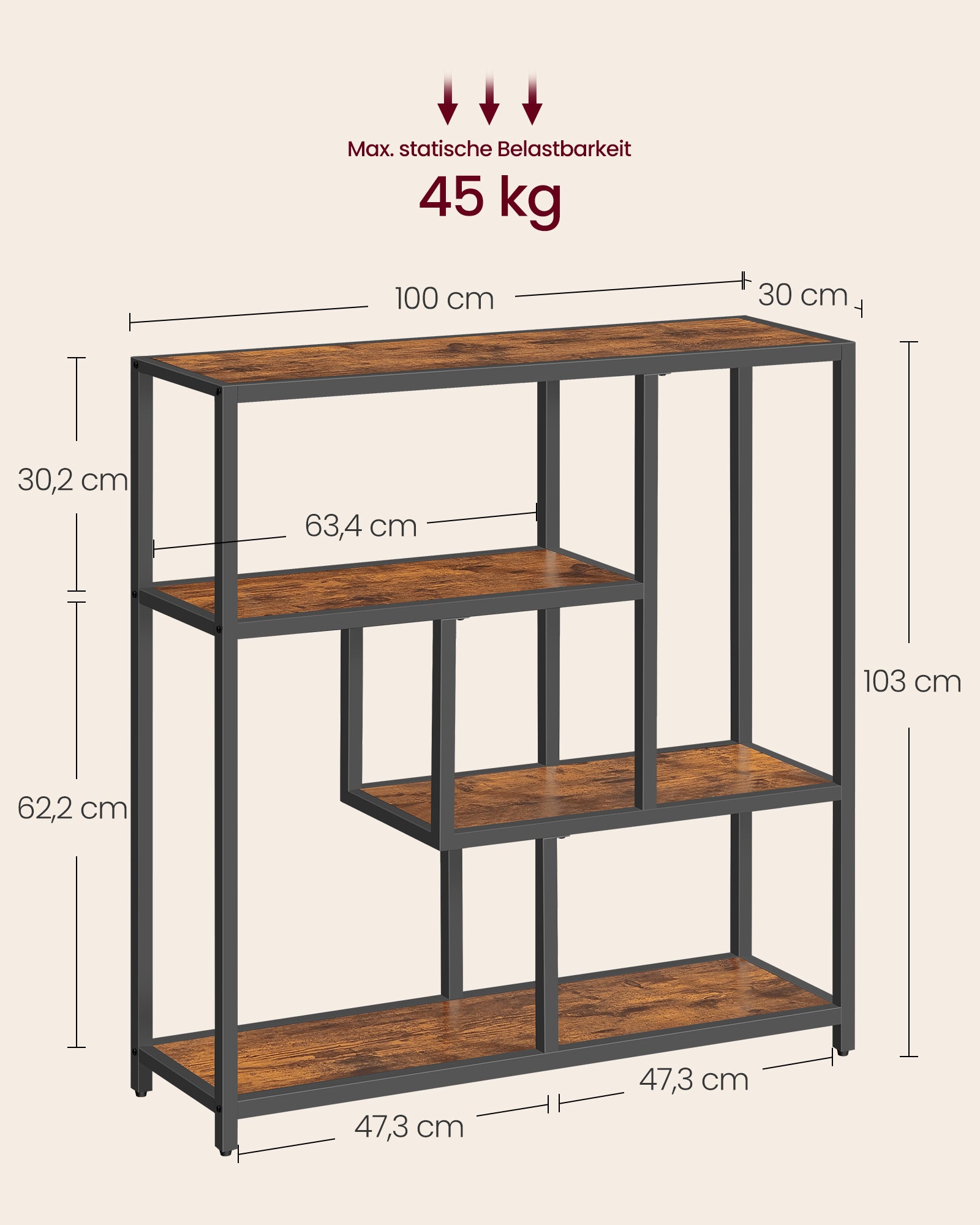 Bokhylla med 4 hyllor vintage brun-bläck svart