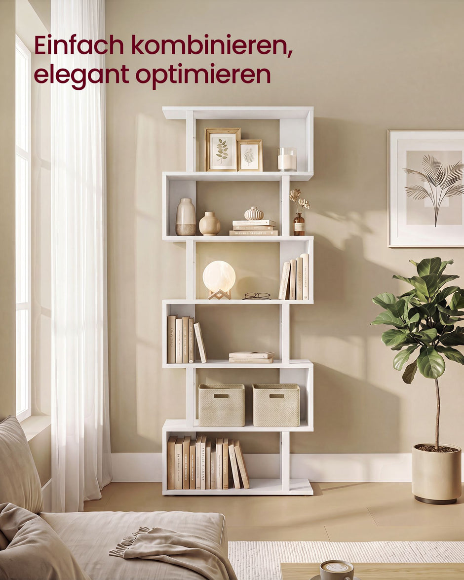 Boekenkast - S-vormige Roomdivider met 7 Ebenen - Wit en matzwart - 60 x 24 x 190,5 cm