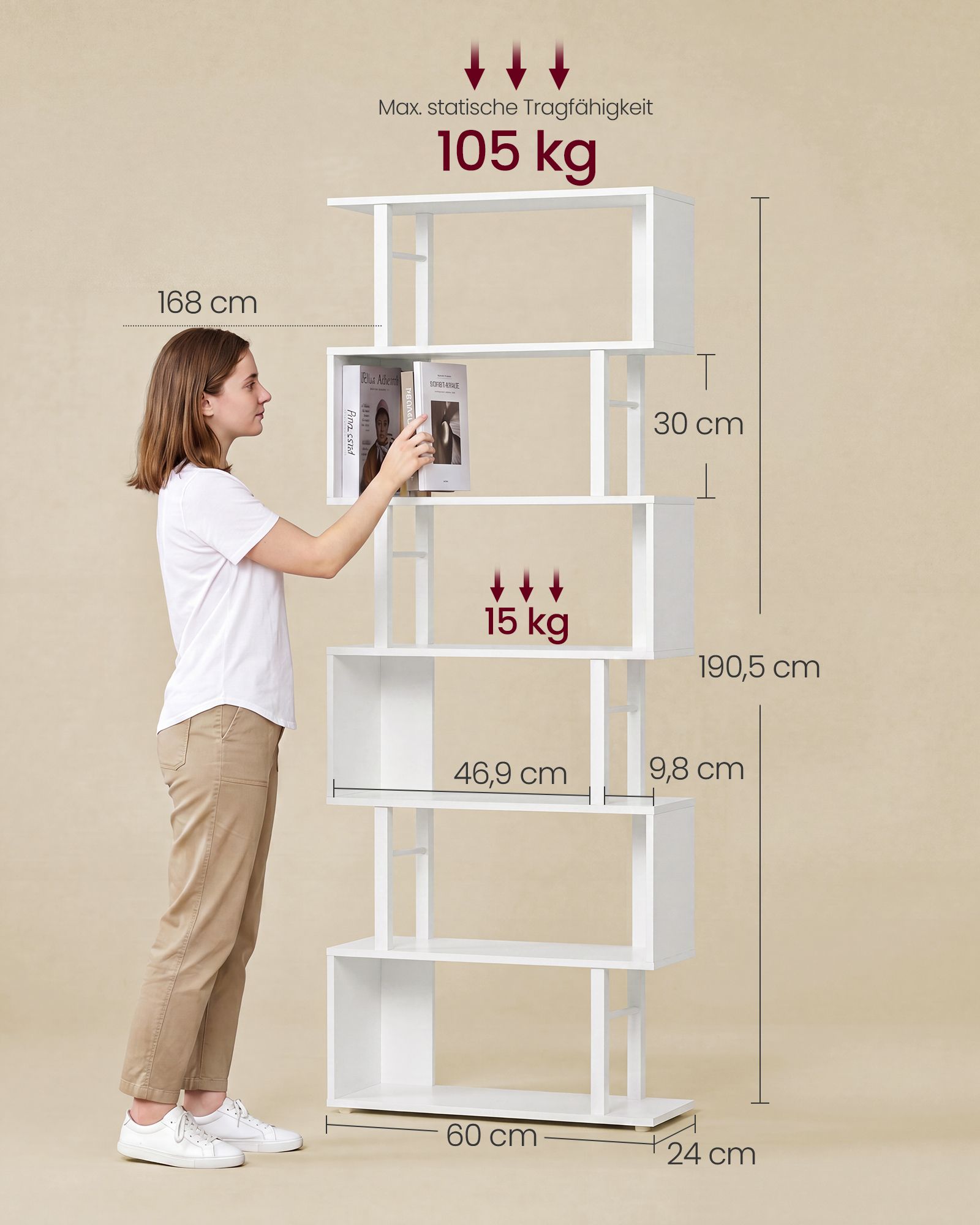 Boekenkast - S-vormige Roomdivider met 7 Ebenen - Wit en matzwart - 60 x 24 x 190,5 cm