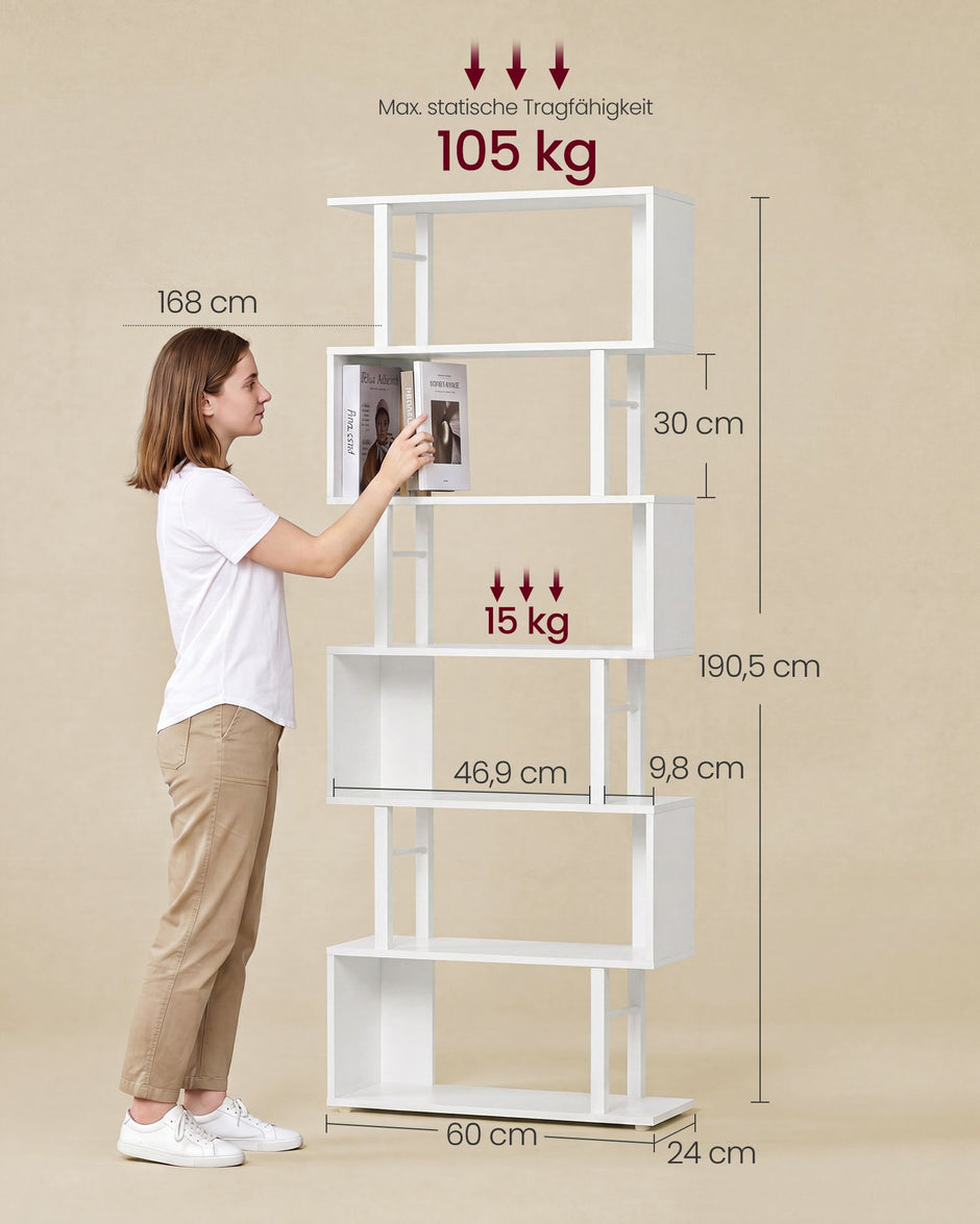 Boekenkast - S-vormige Roomdivider met 7 Ebenen - Wit en matzwart - 60 x 24 x 190,5 cm