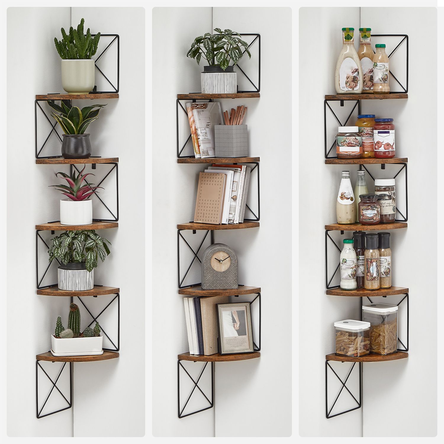 Hörnhylla – 5 nivåer – Zigzag design – Vintage brun-svart