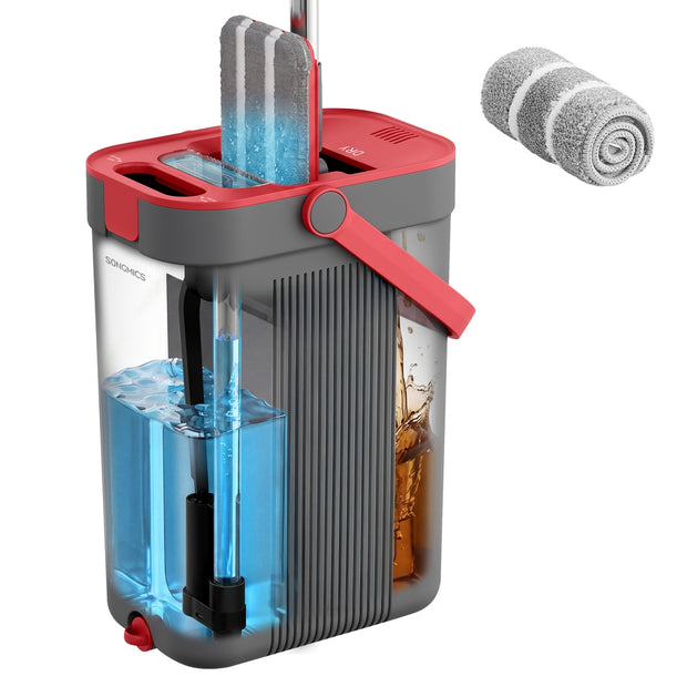 Dweilset met Emmer - 1 Microvezelhoes - Gescheiden Waterkamers - Grijs-Rood