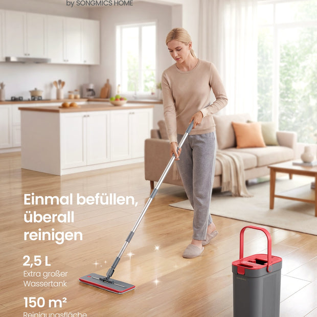 Dweilset met Emmer - 1 Microvezelhoes - Gescheiden Waterkamers - Grijs-Rood