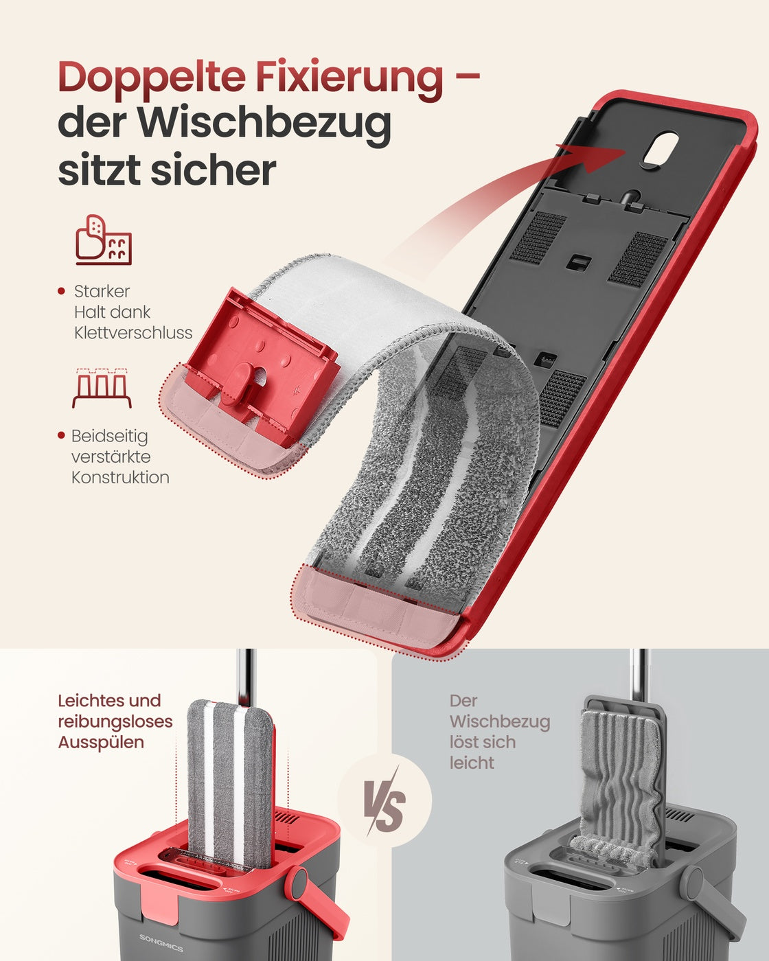 Dweilset met Emmer - 4 Microvezelhoezen - Gescheiden Waterkamers - Grijs-Rood