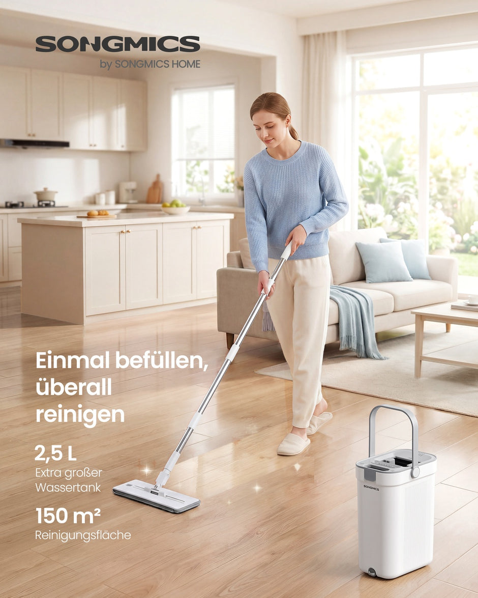 Dweilset met Emmer - 4 Microvezelhoezen - Gescheiden Waterkamers - Wit-Grijs