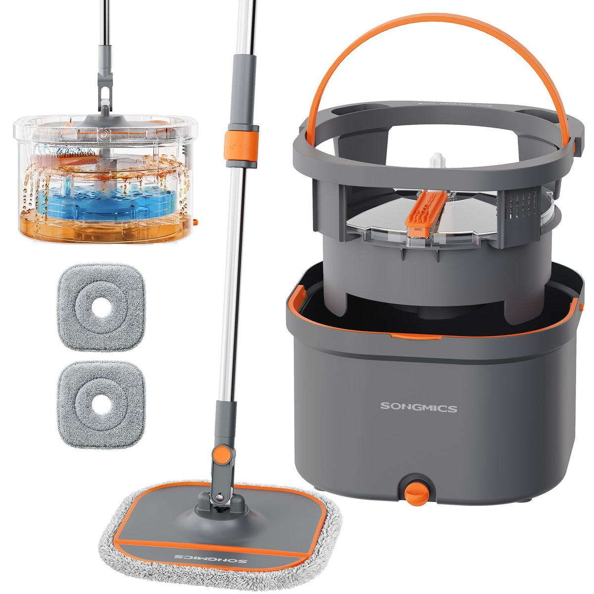 Vlakke Mop met Emmer – Vuilwaterscheiding – 3,5 L – 360° Draaibaar – Met 2 Moppads – Oranje en Grijs