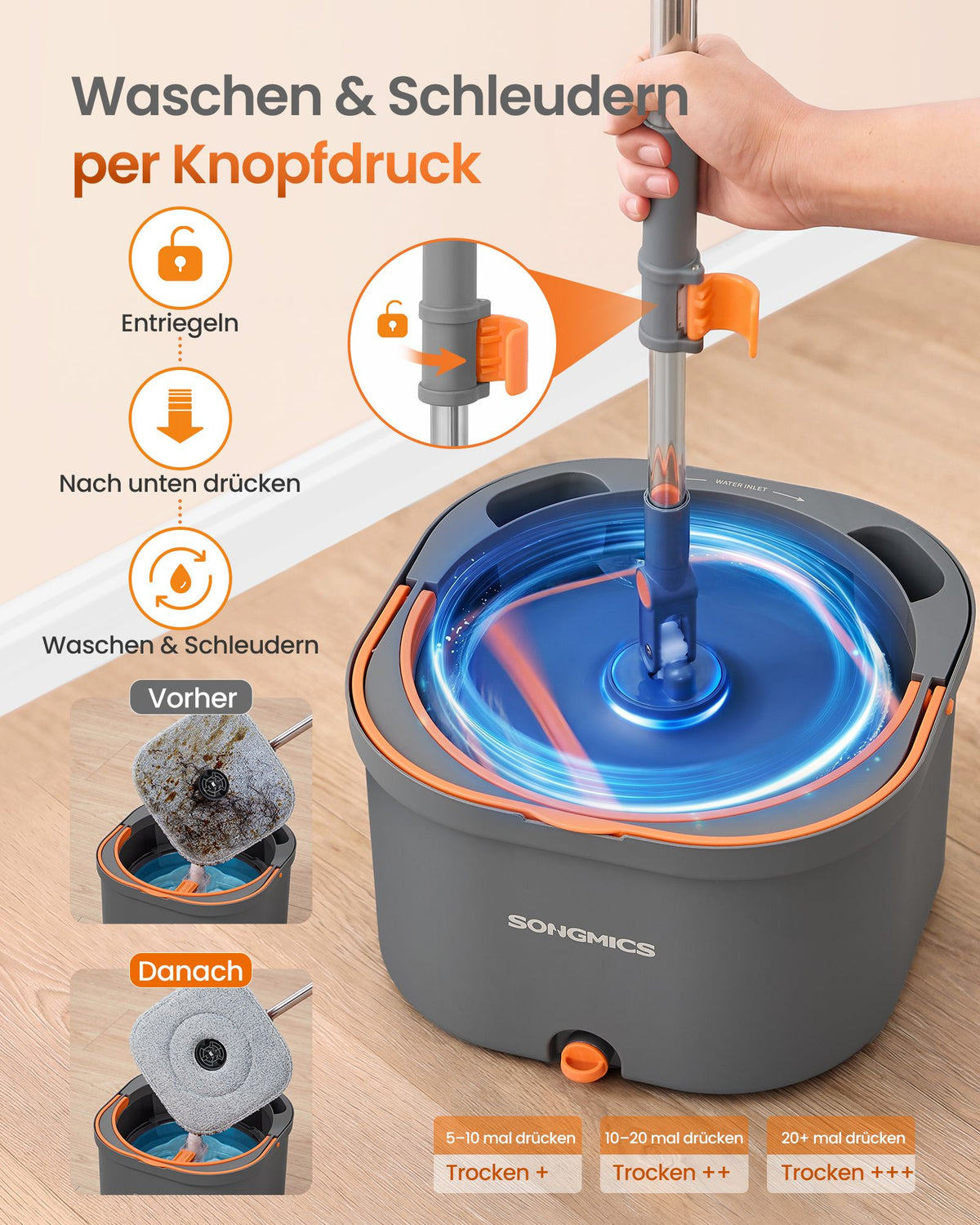 Vlakke Mop met Emmer – Vuilwaterscheiding – 3,5 L – 360° Draaibaar – Met 2 Moppads – Oranje en Grijs