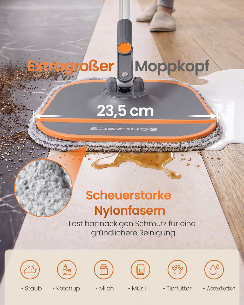 Vlakke Mop met Emmer – Vuilwaterscheiding – 3,5 L – 360° Draaibaar – Met 2 Moppads – Oranje en Grijs