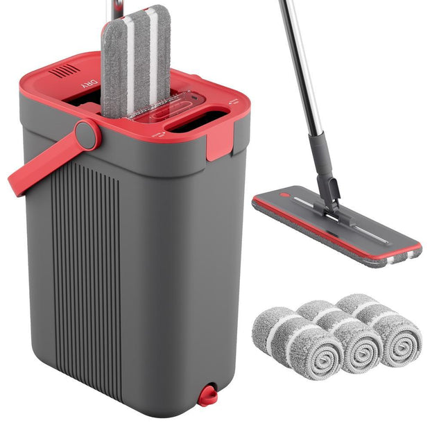 Dweilset met Emmer - 3 Microvezelhoezen - Gescheiden Waterkamers - Grijs-Rood