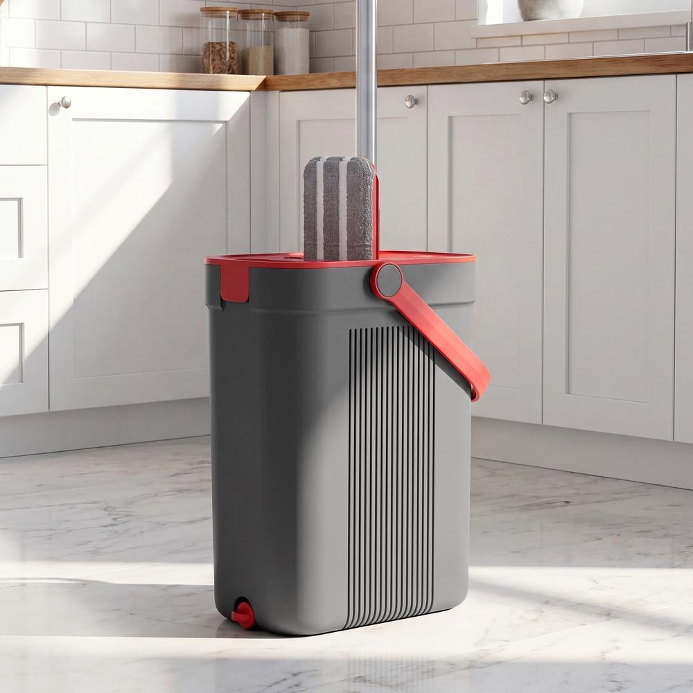 Dweilset met Emmer - 3 Microvezelhoezen - Gescheiden Waterkamers - Grijs-Rood
