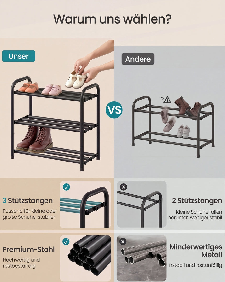 Schoenenrek – Uitschuifbaar 44-82 cm – Verstelbare Planken – Metaal – Inktzwart