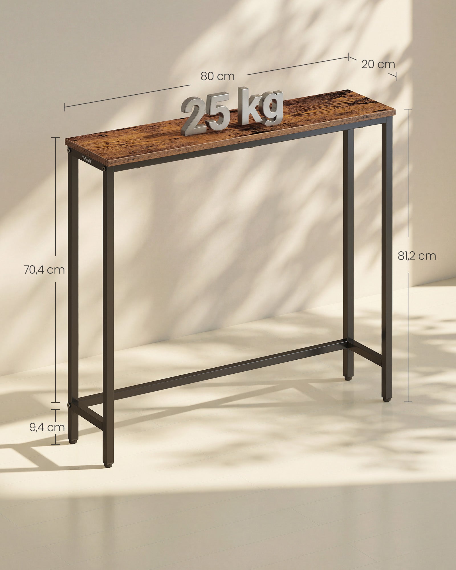 Consoletafel - 20 x 80 x 81,2 cm - blad uit één stuk - vintage bruin - maximale belasting 25 kg