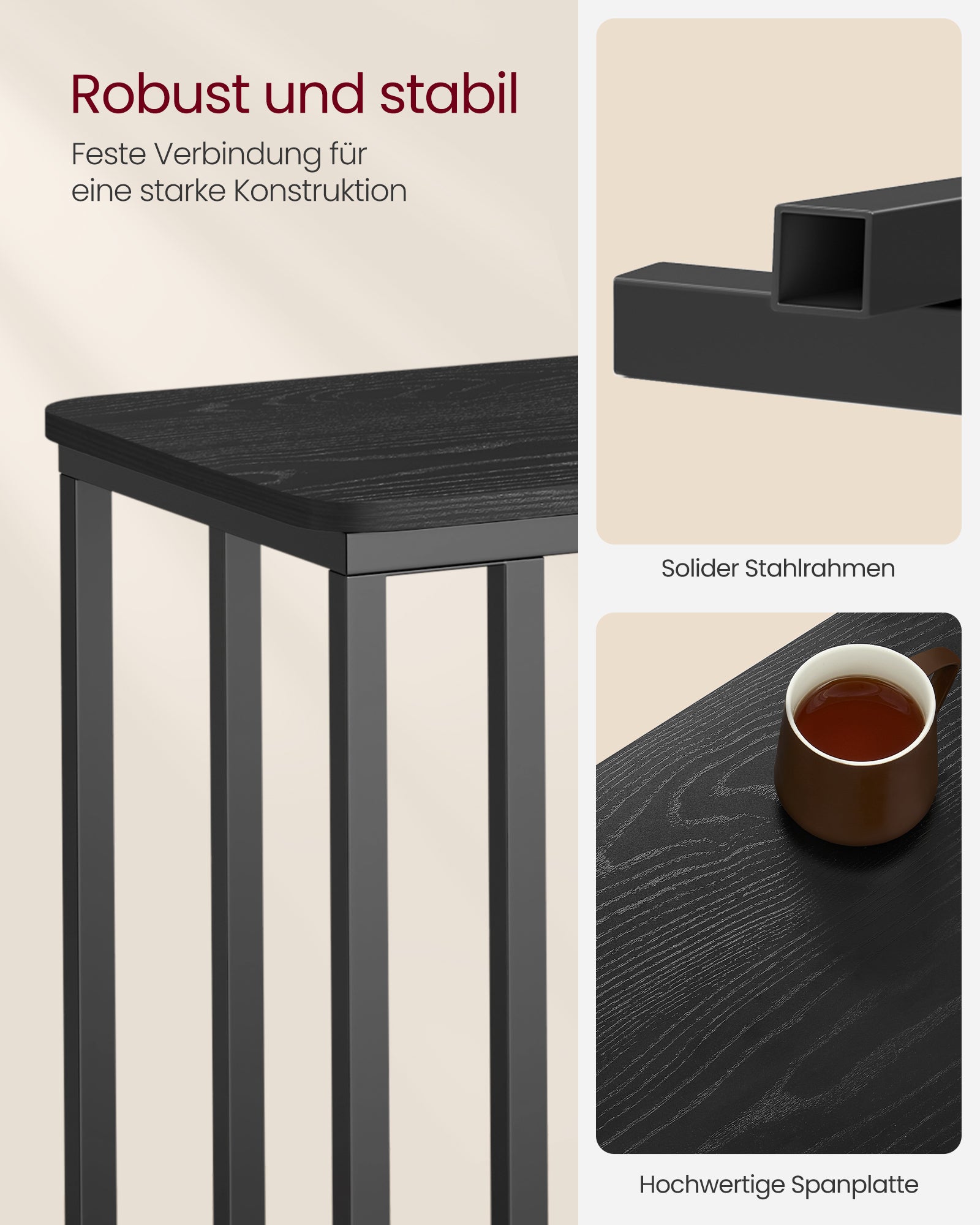 Sidobord-c-form på hjul-eBony svart
