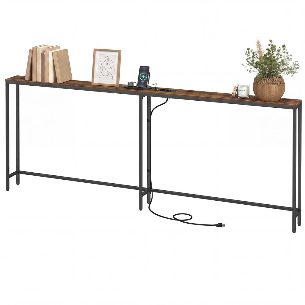 Consoletafel - 200 cm Breed - Met Oplaadstation - 2 Bladen - Bruin-Zwart