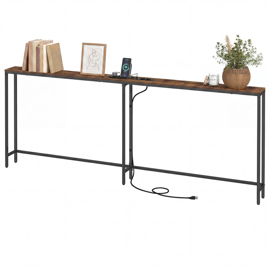 Consoletafel - 200 cm Breed - Met Oplaadstation - 2 Bladen - Bruin-Zwart