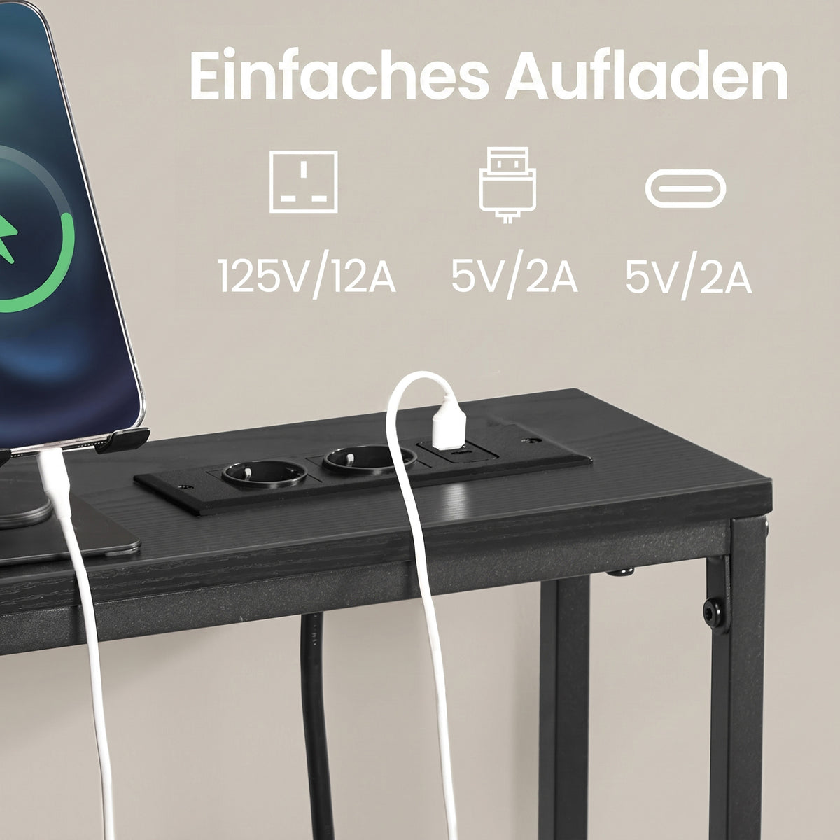 Sidetable - Smal met Stopcontact - Antracietgrijs, inktzwart - 100 x 15 x 80 cm
