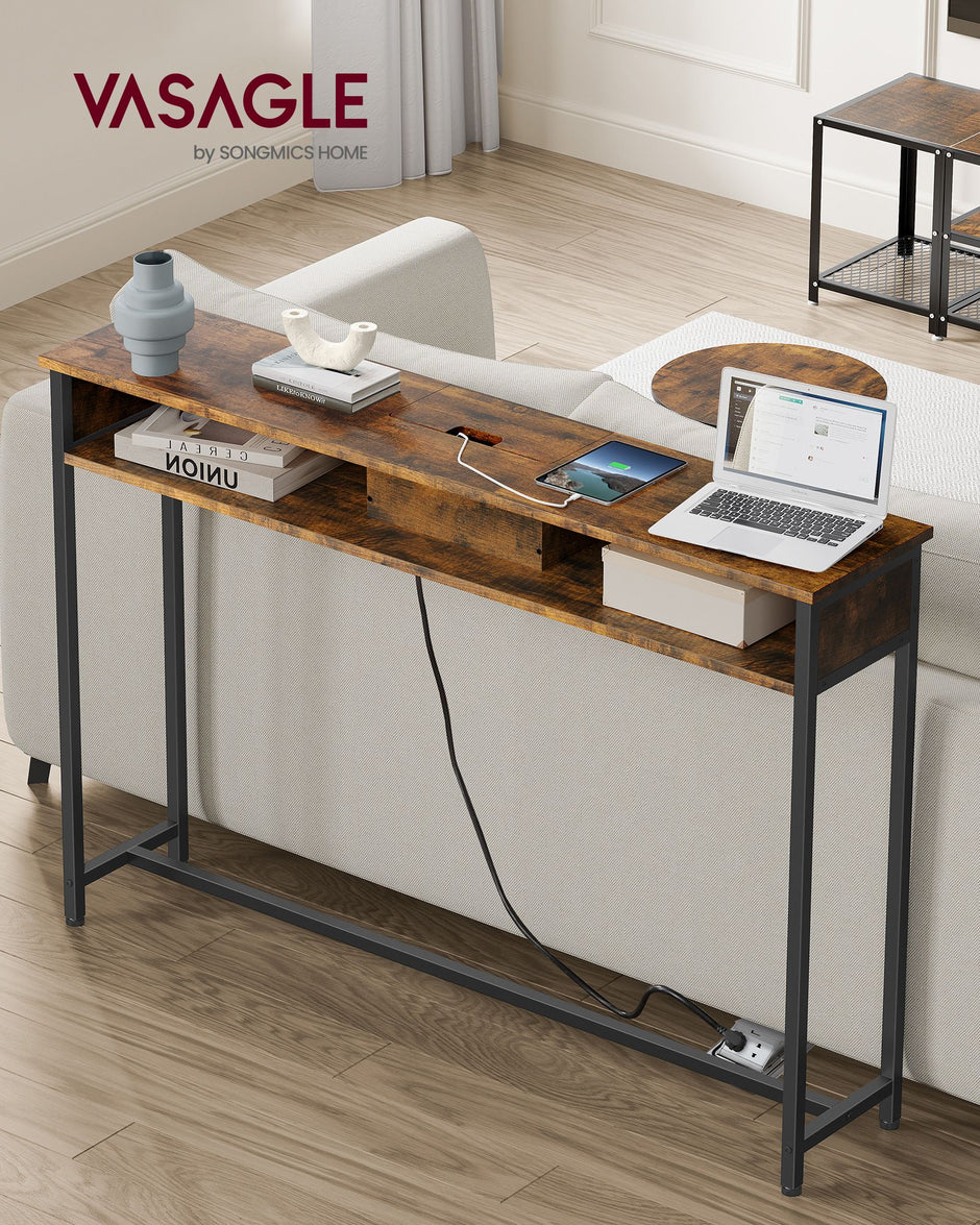 Konsolbord – med uttag – platsbesparande – brunsvart