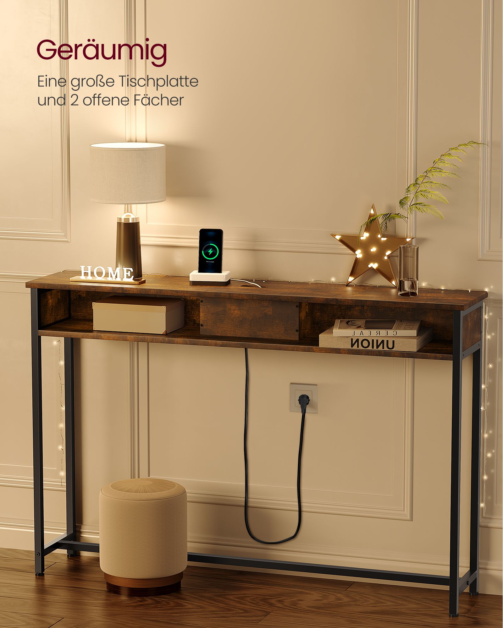 Konsolbord – med uttag – platsbesparande – brunsvart