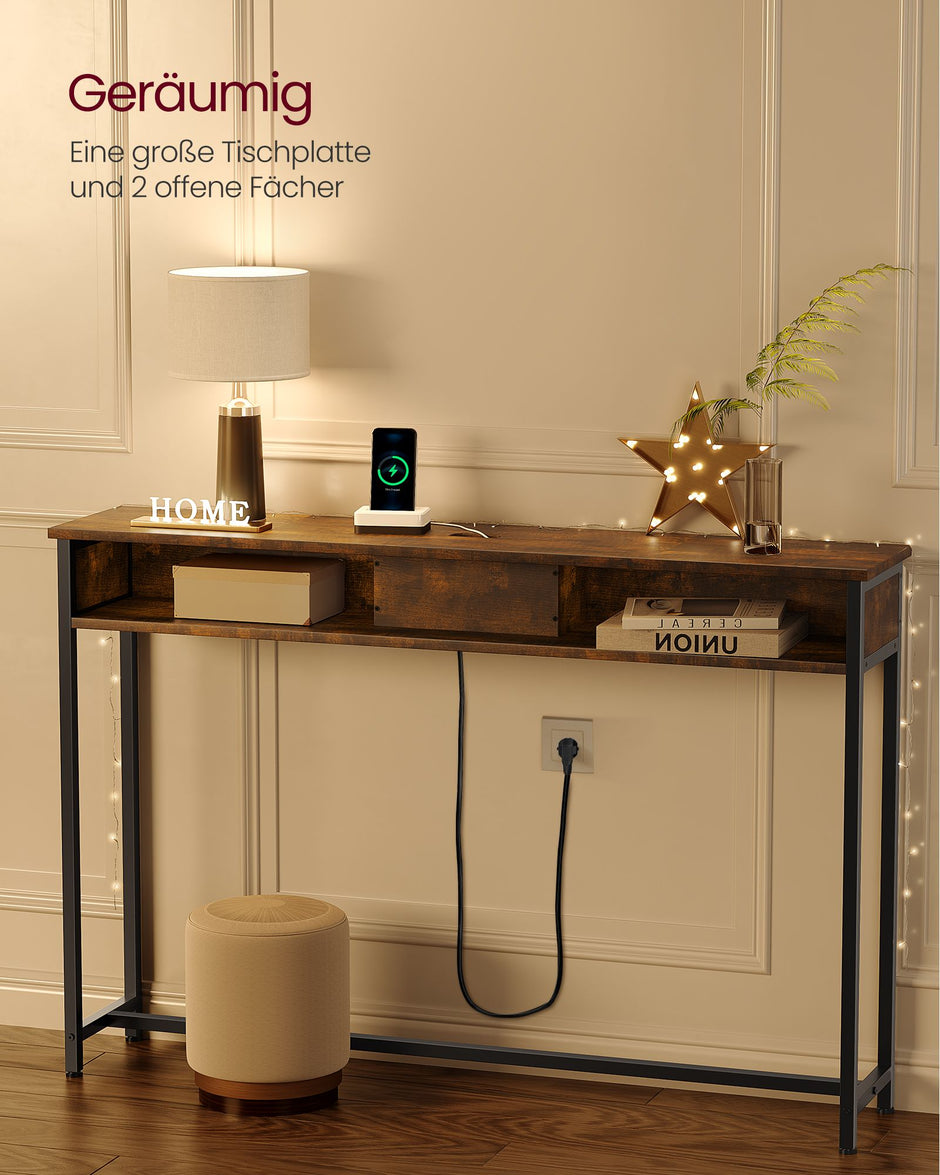 Konsolbord – med uttag – platsbesparande – brunsvart