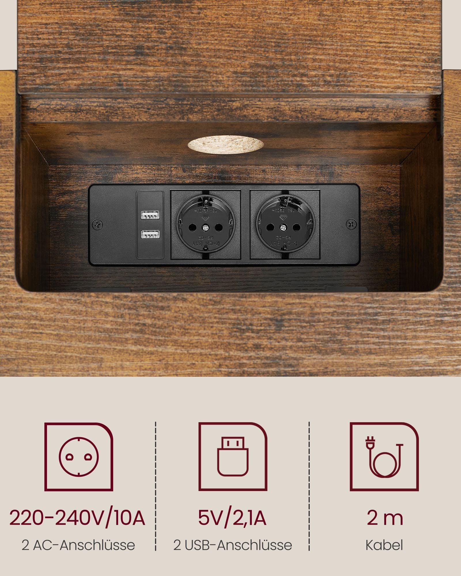 Konsolbord – med uttag – platsbesparande – brunsvart