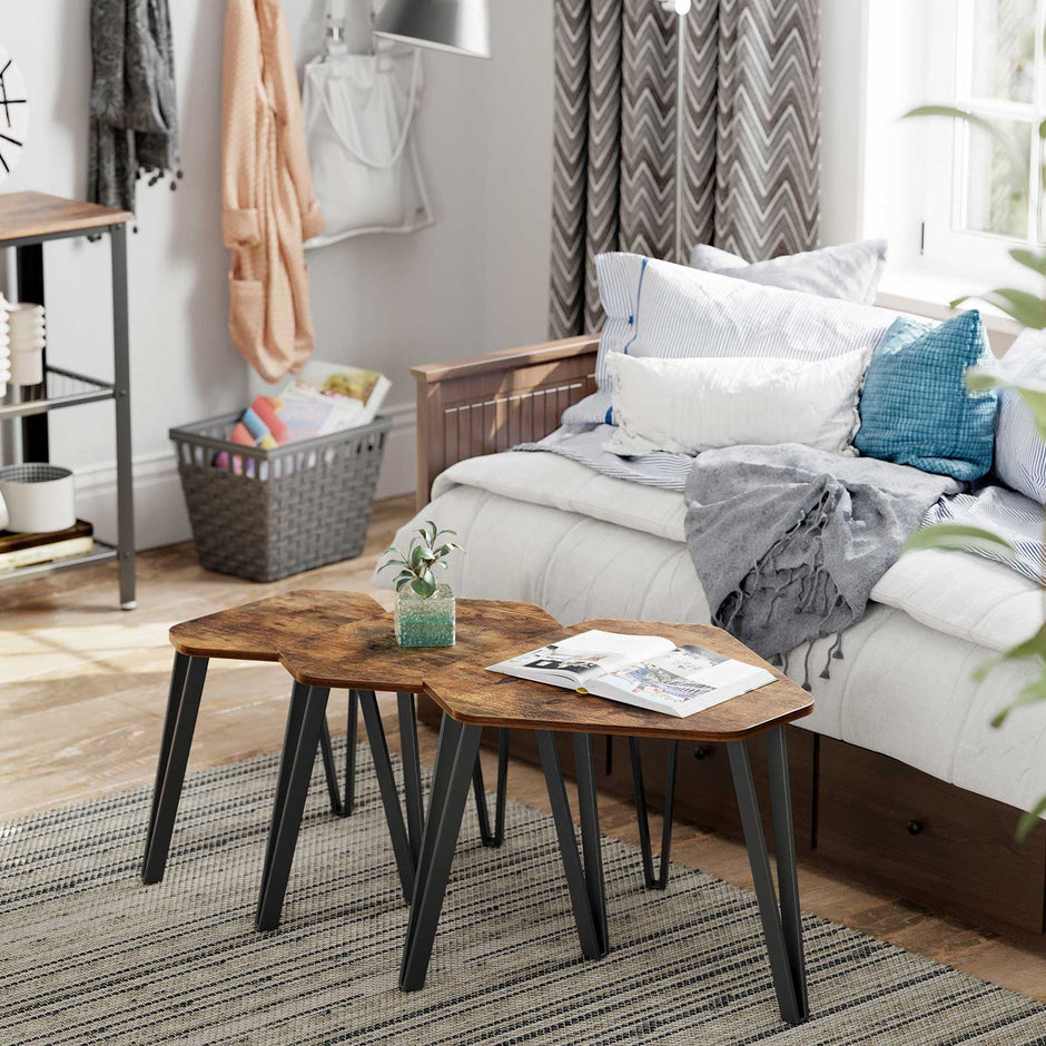 Sidobord – Set om 3 – Industriell design – Vintage brun-svart