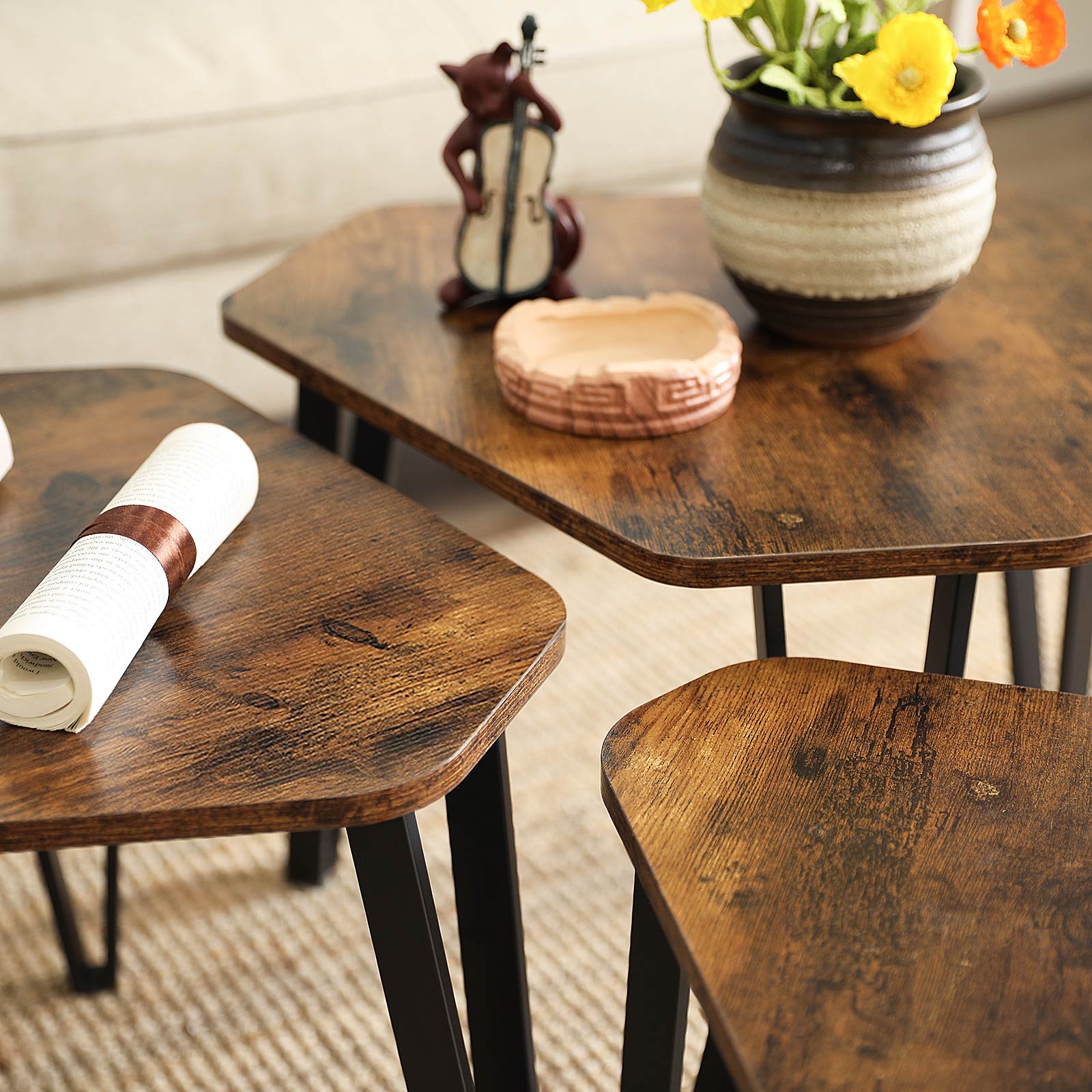 Bedside Tables - Set of 3 - Industrial Design - Sidobord - Brown