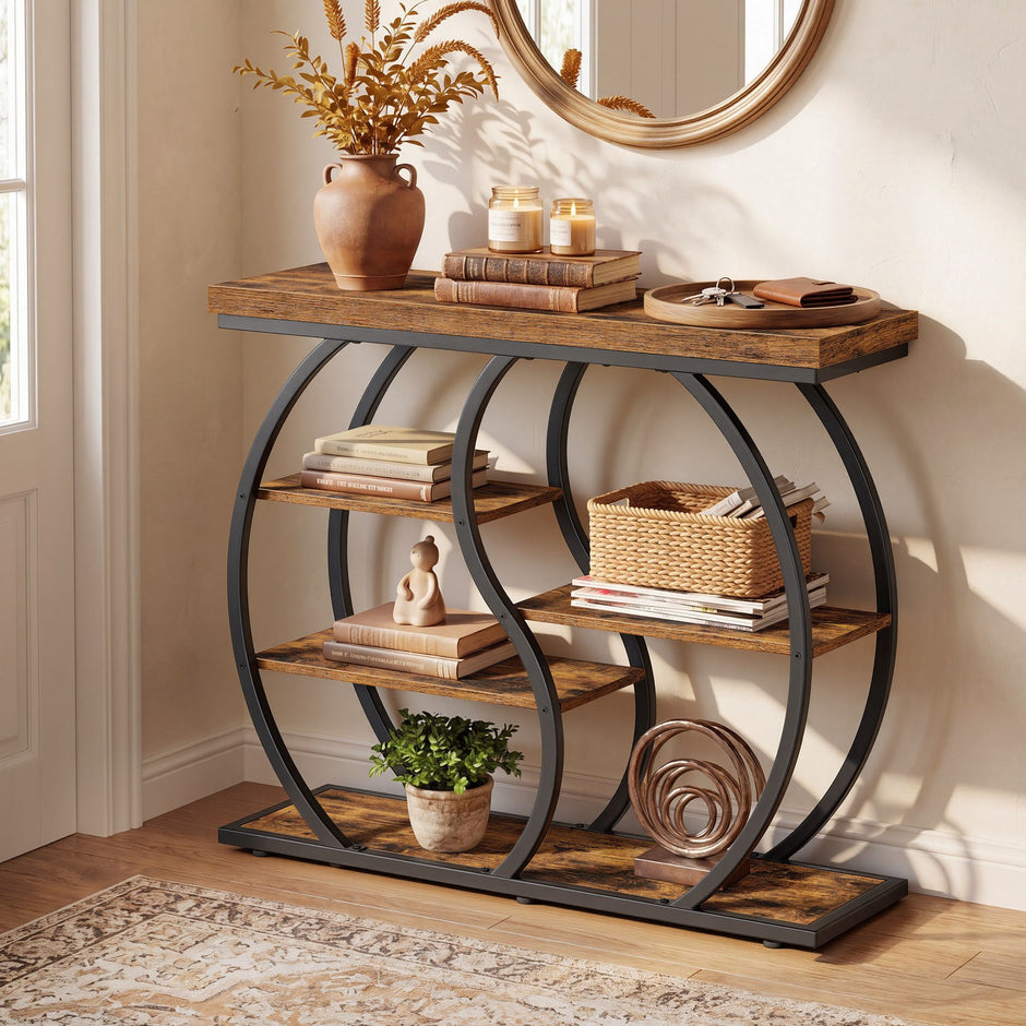 Sidetable – Industrieel – 5 Asymmetrische Planken – 100 cm – Rustiek Bruin en Zwart