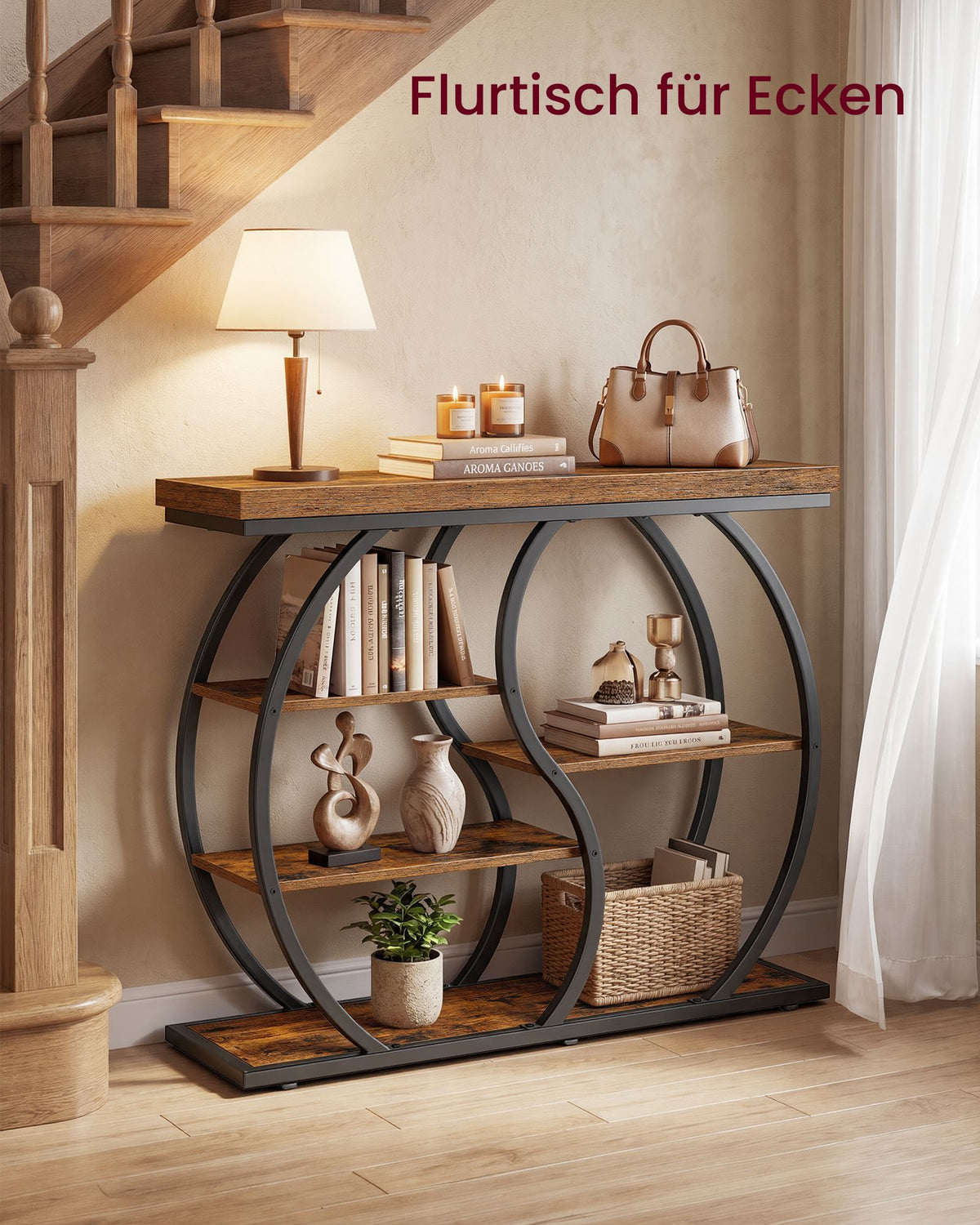 Sidetable – Industrieel – 5 Asymmetrische Planken – 100 cm – Rustiek Bruin en Zwart