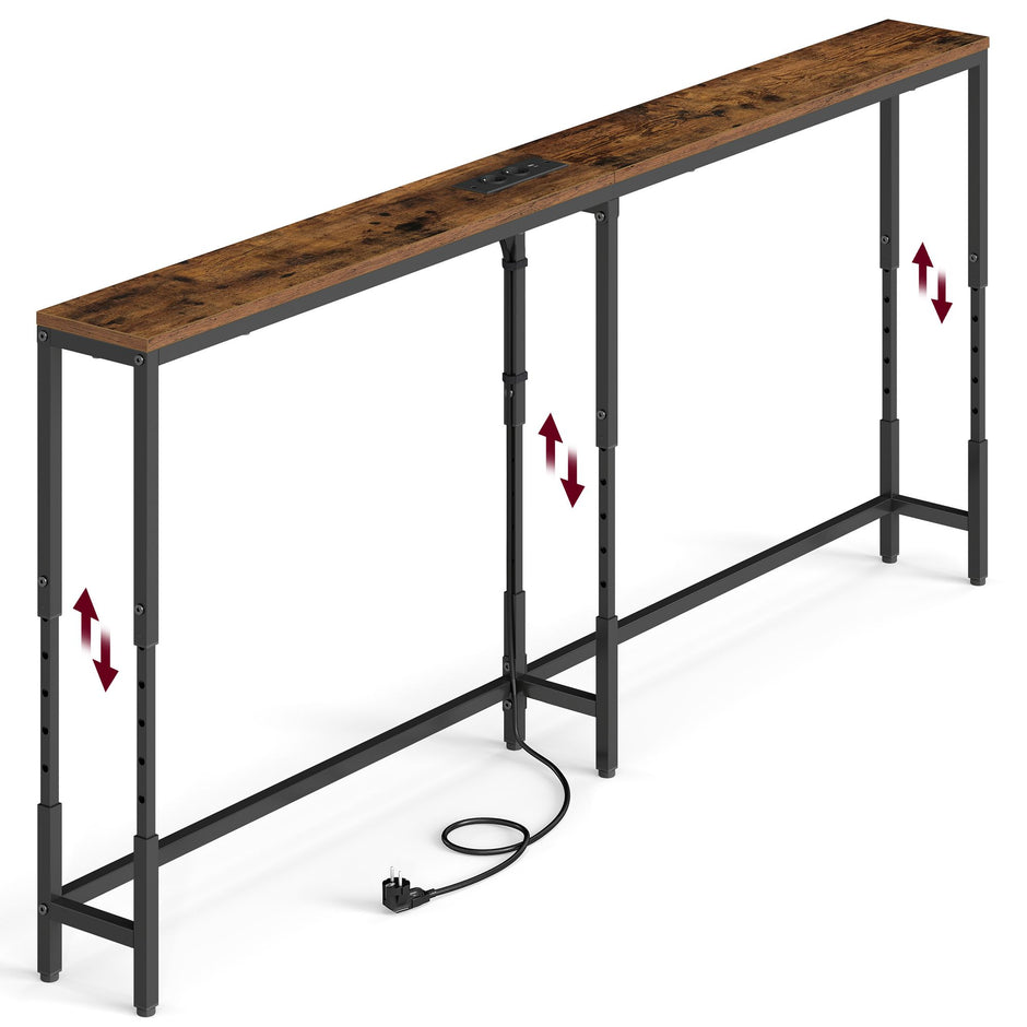 Sidetable met Stopcontact – In Hoogte Verstelbaar – 160 cm – Smal – Rustiek Bruin en Zwart
