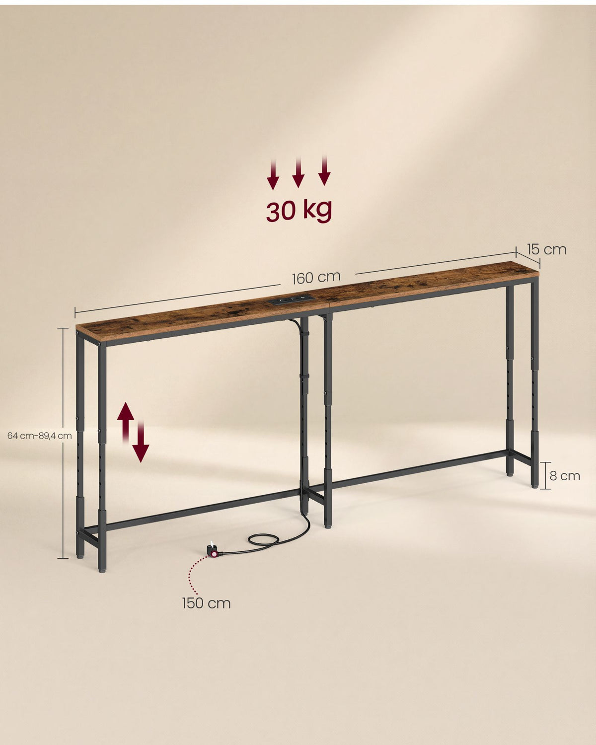 Sidetable met Stopcontact – In Hoogte Verstelbaar – 160 cm – Smal – Rustiek Bruin en Zwart