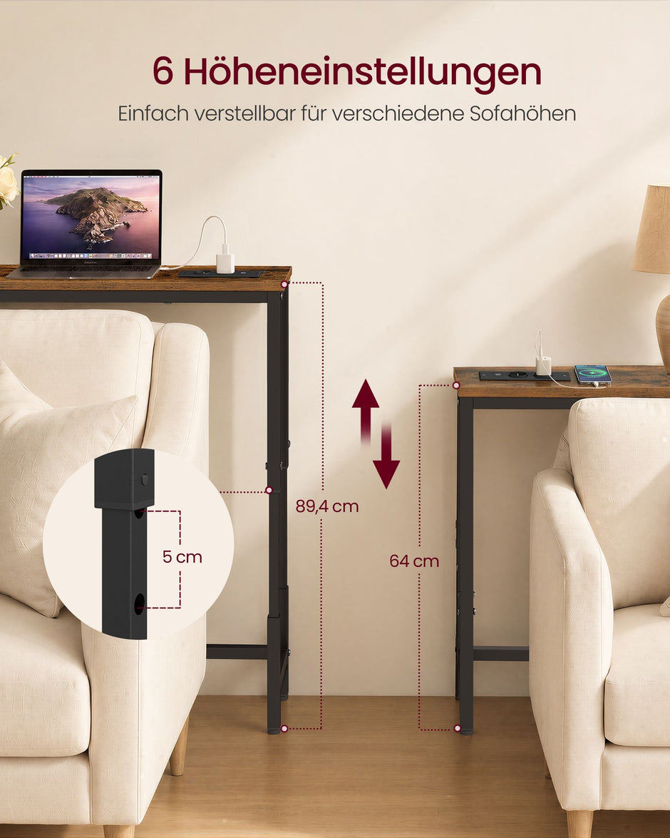 Sidetable met Stopcontact – In Hoogte Verstelbaar – 200 cm – Smal – Rustiek Bruin en Zwart
