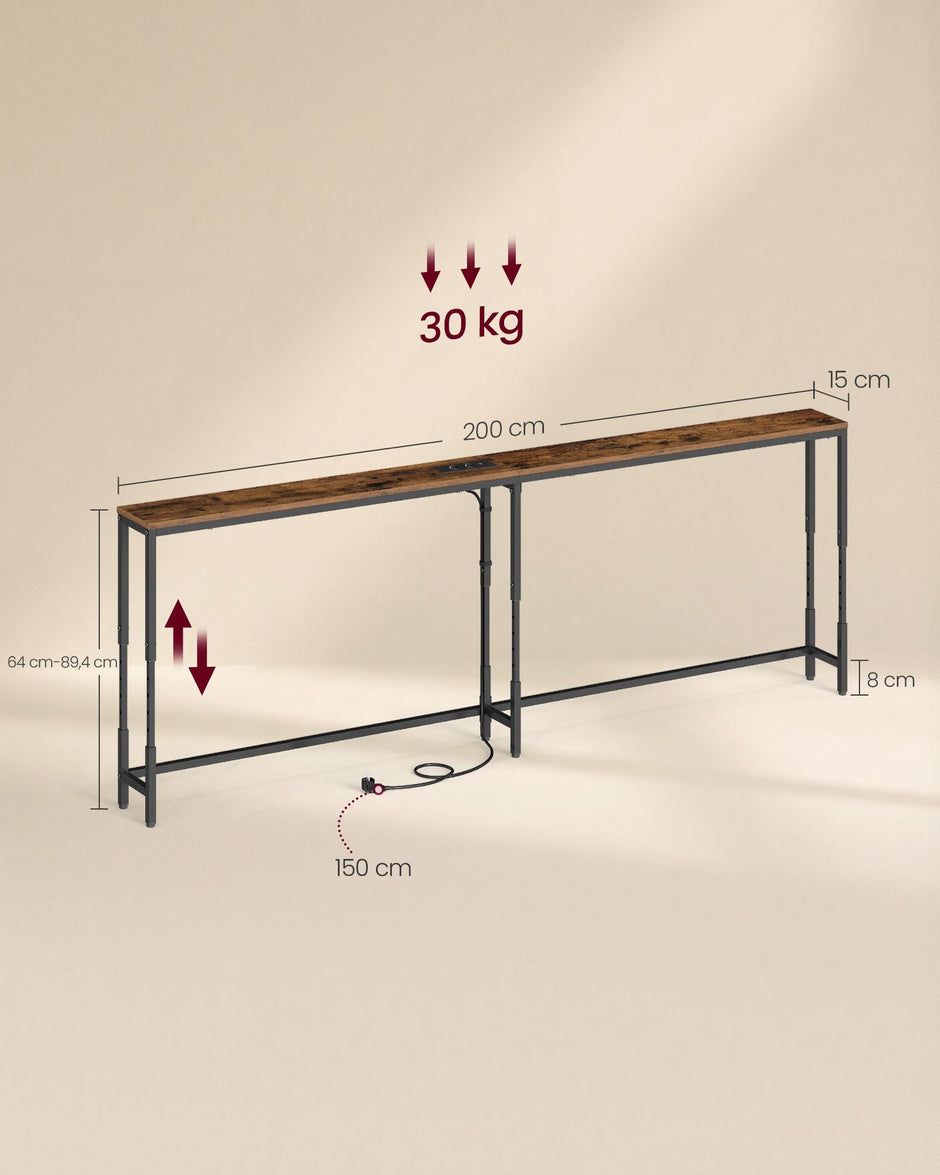 Sidetable met Stopcontact – In Hoogte Verstelbaar – 200 cm – Smal – Rustiek Bruin en Zwart