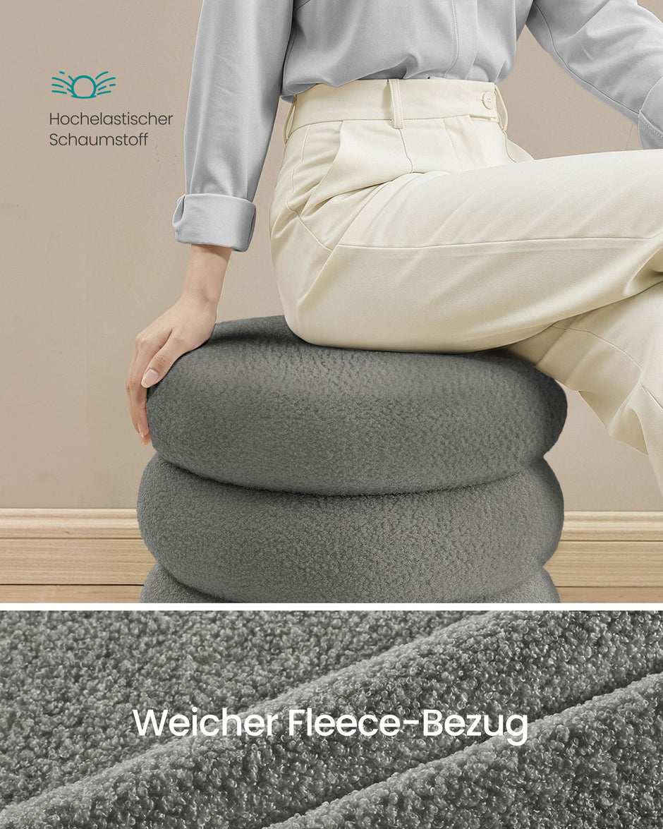Ronde Poef met Opbergruimte – Teddyfleece – Afneembaar Deksel – Tot 150 kg – Leigrijs