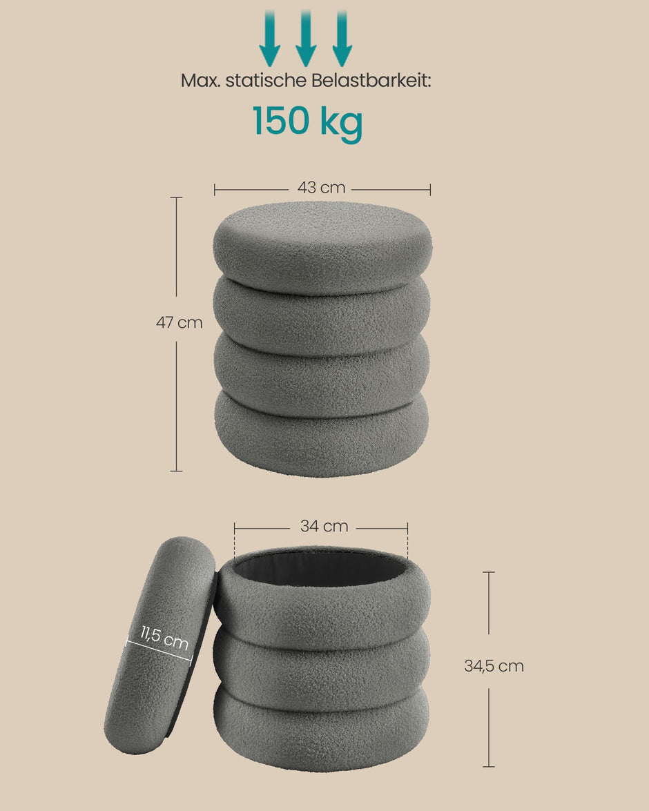 Ronde Poef met Opbergruimte – Teddyfleece – Afneembaar Deksel – Tot 150 kg – Leigrijs