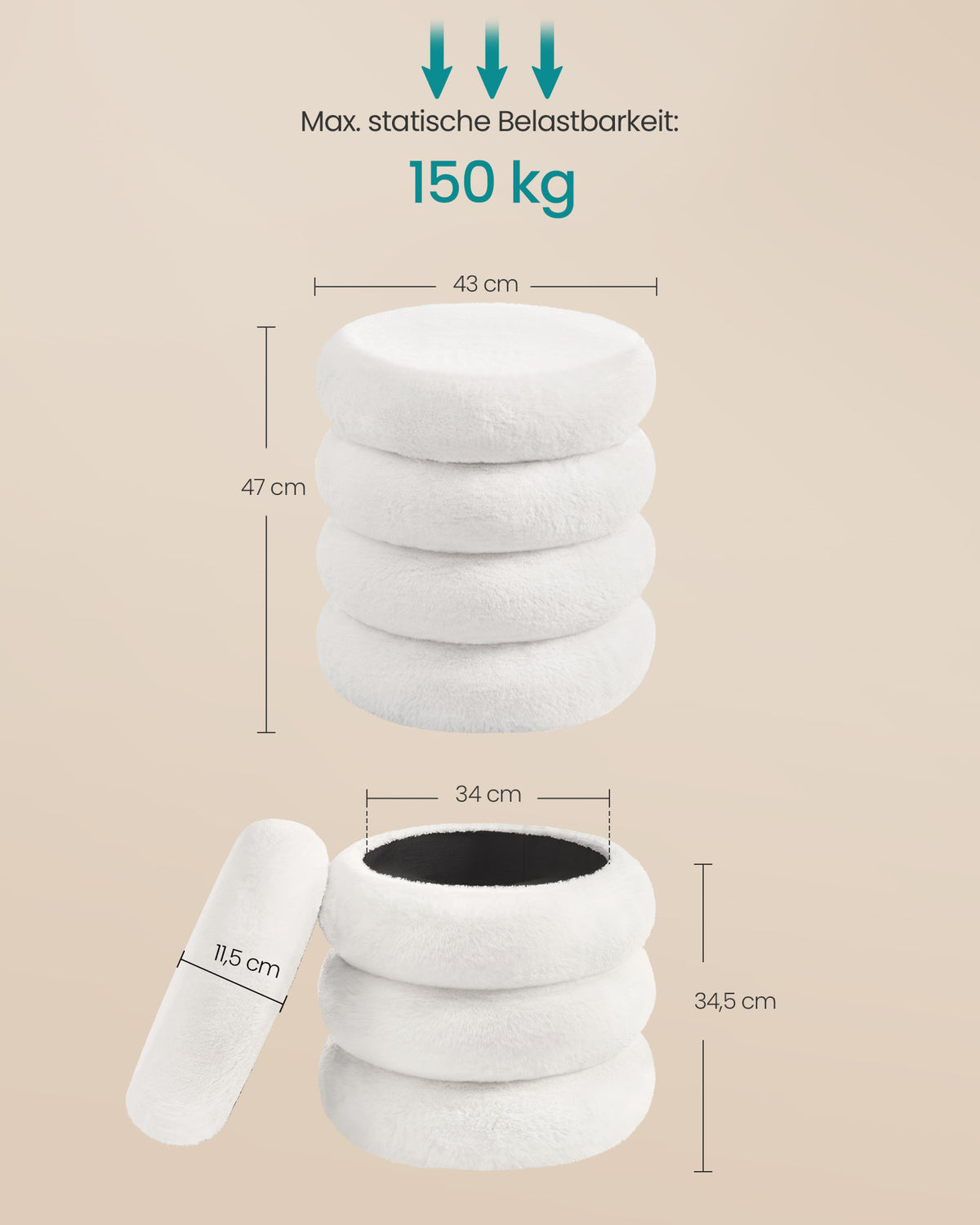 Ronde Poef met Opbergruimte – Pluche – Afneembaar Deksel – Tot 150 kg – Wit